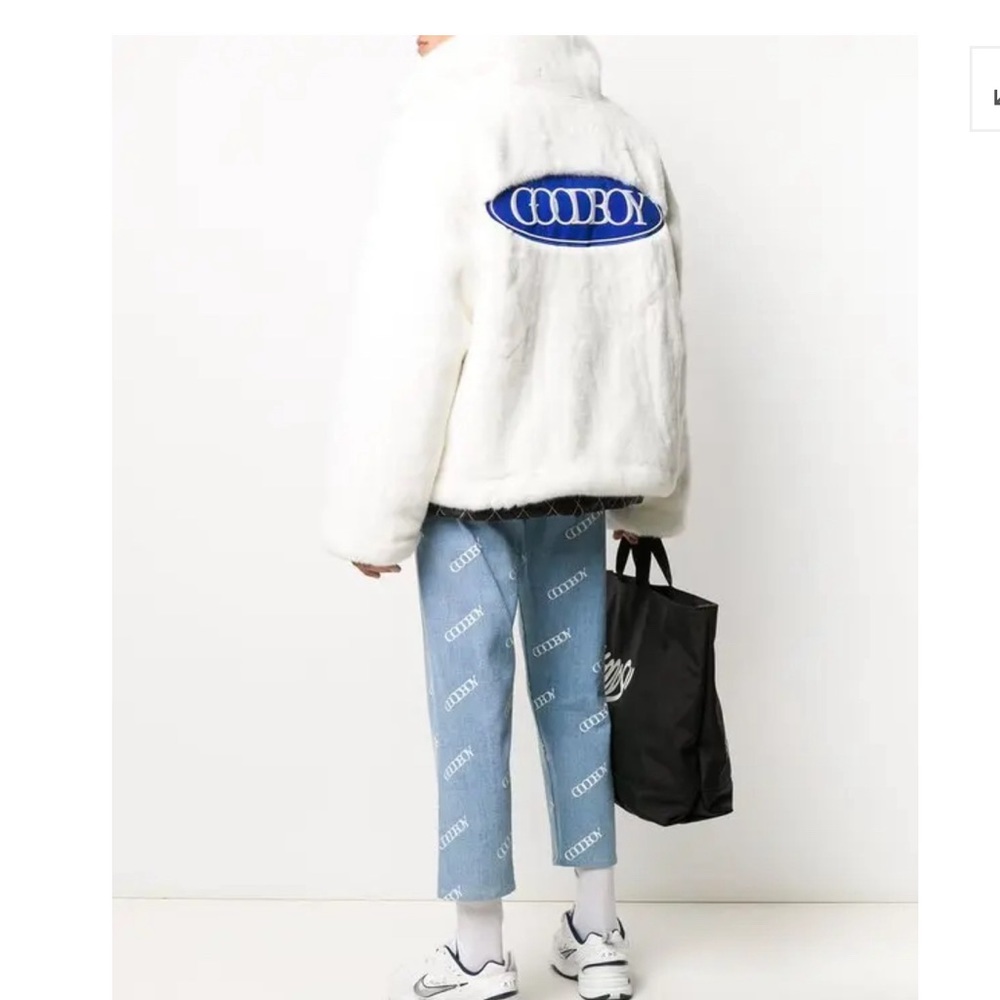 GOODBOY oversized white fur bomber jacket.  Like new